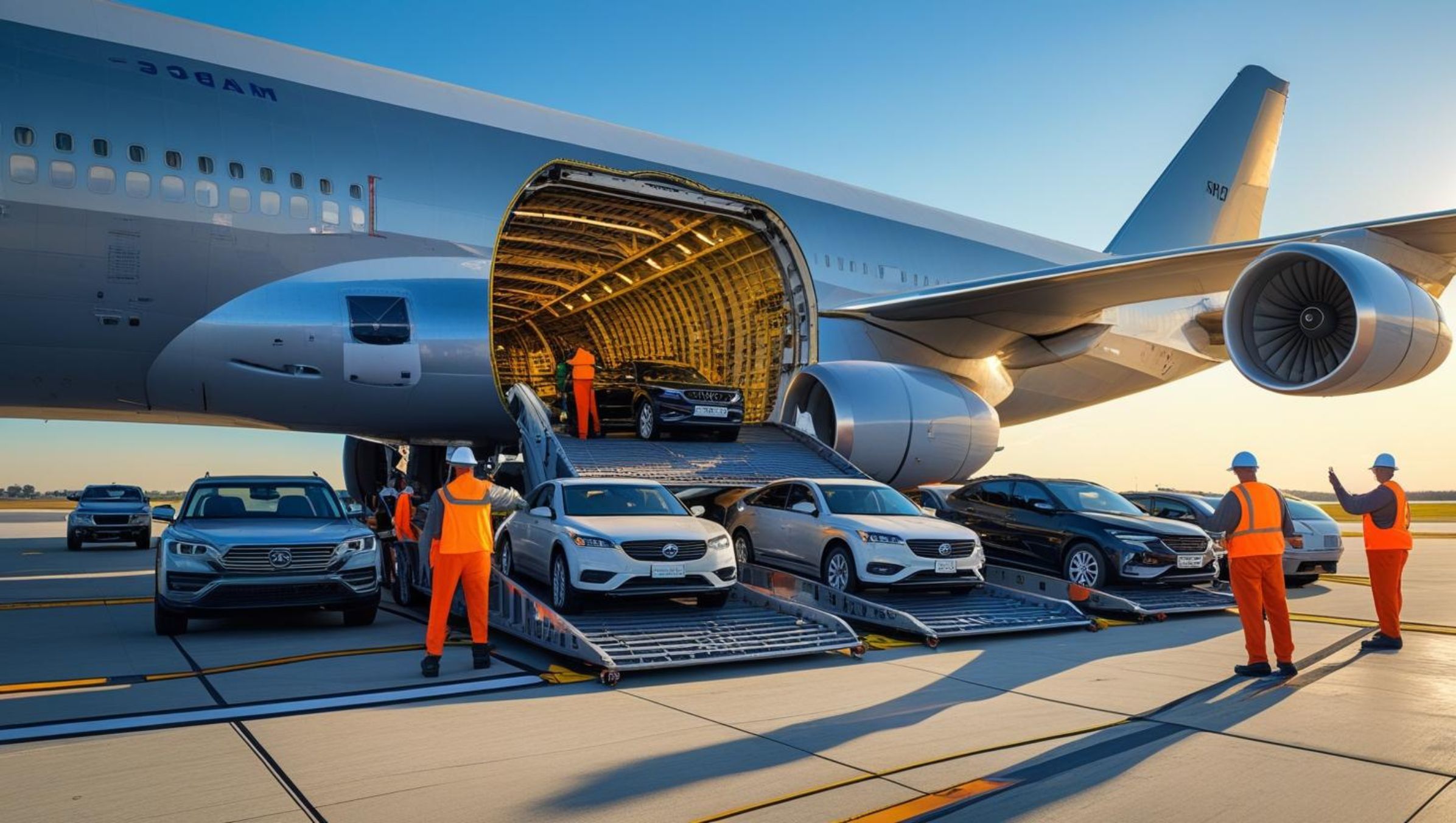 Workers in orange safety uniforms loading cars into a large cargo airplane at an airport under clear blue skies.
