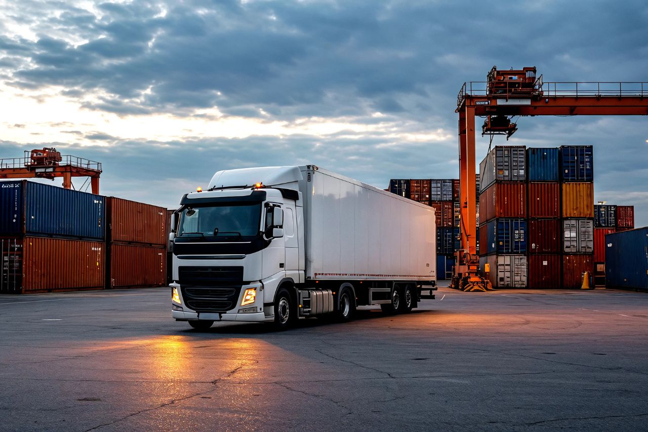 White freight truck operating in a container yard at sunset, showcasing professional drayage services Japan.