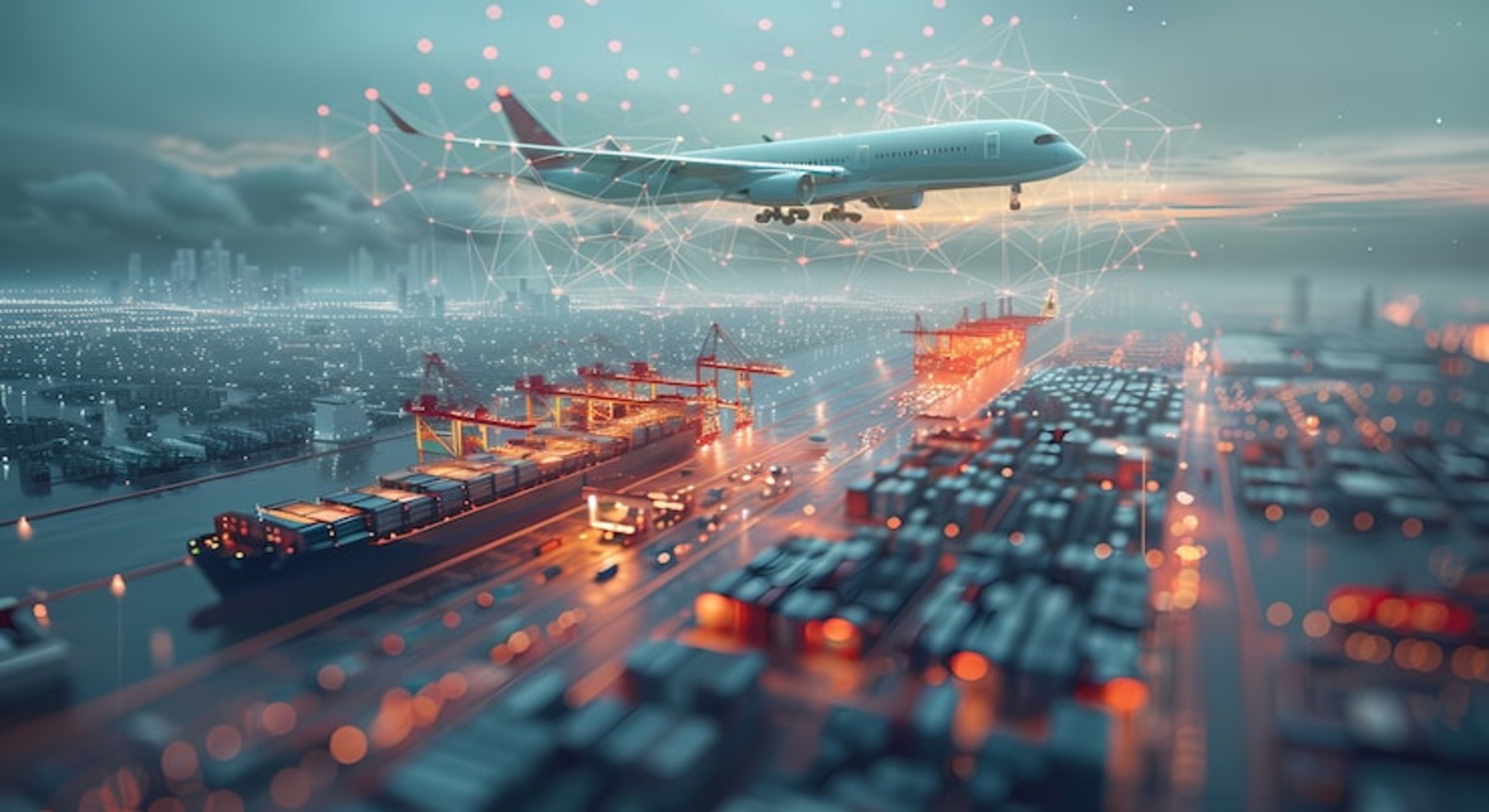 Futuristic view of global logistics showing a cargo ship at a port and an airplane flying above with digital network connections glowing in the sky.
