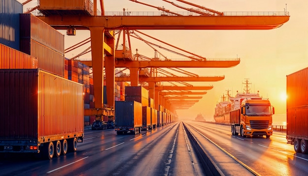 Cargo trucks transporting shipping containers at a port during sunset
